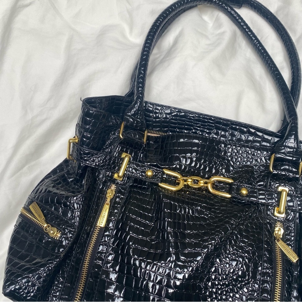 Vecceli Italy Faux Crocodile Embossed Handbag black gold - Picture 3 of 9